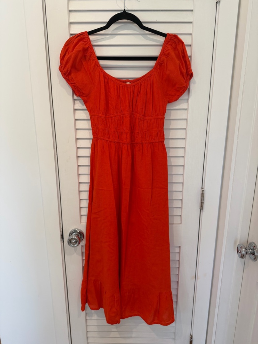 Women’s Red Midi Dress with Puff Sleeves